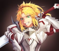 Rule 34 | 1girl, armor, blonde hair, blondy (ldlong), braid, clarent (fate), clenched teeth, crazy eyes, fate/apocrypha, fate (series), french braid, gauntlets, green eyes, hair ornament, hair scrunchie, highres, horns, medium hair, mordred (fate), mordred (fate/apocrypha), parted bangs, ponytail, raised eyebrow, red scrunchie, scrunchie, sword, teeth, upper body, weapon