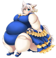 Rule 34 | 1girl, absurdres, animal ears, ass, bad proportions, belly, blonde hair, blue dress, blue eyes, blush, breasts, dress, fat, fat rolls, female focus, frilled dress, frilled skirt, frills, hair between eyes, hair ornament, headband, highres, jewelry, kurokaze no sora, large breasts, long sleeves, looking at viewer, necklace, obese, original, pantyhose, short hair, simple background, sitting, skirt, sleeves past wrists, smile, solo, tail, thick thighs, thighs, white background, wolf ears, wolf tail