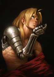 Rule 34 | 1boy, abs, absurdres, automail, blonde hair, commentary, edward elric, english commentary, fullmetal alchemist, highres, long hair, male focus, malin falch, mechanical arms, pectorals, prosthesis, simple background, single mechanical arm, solo, toned, toned male, topless male, yellow eyes