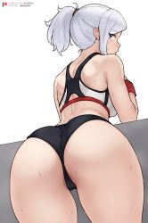Rule 34 | 1girl, ass, bent over, blue eyes, bluefield, buruma, cameltoe, cleft of venus, from behind, gloves, highres, ponytail, red gloves, rwby, short shorts, shorts, solo, sports bra, thighs, white hair, winter schnee
