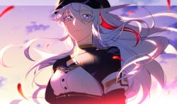 Rule 34 | 1girl, 86 -eightysix-, absurdres, black jacket, breasts, cleavage, closed mouth, cloud, cloudy sky, collared jacket, commentary request, cropped jacket, day, grey eyes, grey hair, hair between eyes, hat, highres, honla, jacket, long hair, long sleeves, looking at viewer, military, military hat, military uniform, multicolored hair, petals, red hair, sky, solo, streaked hair, uniform, upper body, vladilena millize, wind