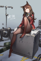 Rule 34 | 1girl, absurdres, animal ears, arknights, brown hair, cat ears, character name, commentary, copyright name, feet, fushe, grey background, hair between eyes, head tilt, highres, jacket, knee up, long hair, long sleeves, looking at viewer, no shoes, pantyhose, parted lips, red jacket, sitting, skyfire (arknights), solo, yellow eyes
