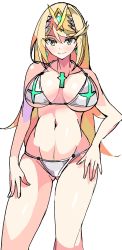 Rule 34 | 1girl, bikini, blonde hair, breasts, chest jewel, circlet, enpe, gluteal fold, hand on own thigh, highres, large breasts, long hair, looking at viewer, mythra (xenoblade), navel, smile, solo, swimsuit, very long hair, white bikini, xenoblade chronicles (series), xenoblade chronicles 2, yellow eyes