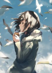 Rule 34 | 1girl, achiki, bird, black hair, brown eyes, can, canned coffee, cloud, coat, day, drink can, holding, light, original, profile, seagull, short hair, sky, solo, wind