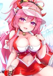 :d ahoge animal_ears bell bikini black_choker blush breasts character_request choker cleavage clothing_cutout copyright_request cow_ears cowbell front-tie_top hand_on_own_chest heart high_ponytail highres hip_vent horns looking_at_viewer navel navel_cutout neck_bell open_mouth panties pink_eyes pink_hair race_queen red_horns side-tie_bikini_bottom sitting smile swimsuit tenshoo thighs underwear visor_cap white_background white_bikini wings