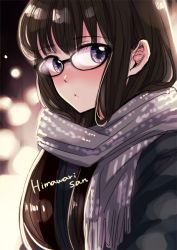 1girl black-framed_eyewear black_hair blush character_name coat commentary_request copyright_name glasses himawari-san himawari-san_(character) looking_at_viewer purple_scarf scarf solo sugano_manami upper_body