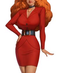 Rule 34 | 1girl, absurdres, belt, big hair, black belt, breasts, choker, cleavage, curly hair, hand on own hip, head out of frame, highres, jacket, large breasts, office lady, orange hair, pavel hristov, pencil skirt, powerpuff girls, red jacket, red skirt, sara bellum, skirt, solo
