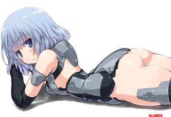 Rule 34 | 10s, 1girl, :3, ass, bad id, bad pixiv id, bare shoulders, black gloves, black thighhighs, blue hair, dd (ijigendd), doll joints, elbow gloves, eyebrows, frame arms girl, gloves, joints, looking at viewer, lying, materia (frame arms girl), materia kuro, mecha musume, numbered, on stomach, panties, purple eyes, short hair, simple background, smile, solo, thighhighs, underwear, white background, white panties