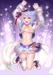 Rule 34 | 1girl, :d, animal ears, arms up, azur lane, bell, blue hair, breasts, brown eyes, choker, cocoasabure, collared shirt, commentary request, crop top, crop top overhang, cropped jacket, fang, fox ears, fox tail, frilled skirt, frills, fubuki (azur lane), fubuki (fubuki halation!) (azur lane), hair between eyes, highres, idol, jacket, jingle bell, legs up, long sleeves, looking at viewer, midriff, miniskirt, navel, neckerchief, open clothes, open jacket, open mouth, revision, sailor collar, shirt, shoes, short hair, single thighhigh, skirt, sleeveless, sleeveless shirt, smile, snowflakes, solo, stomach, tail, thighhighs, thighs, underboob, white headwear, white jacket, white shirt, white thighhighs