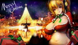 Rule 34 | 1girl, absurdres, arms behind back, bell, belly, blonde hair, breasts, brown eyes, capelet, christmas, christmas tree, cleavage, curvy, gift, green ribbon, headphones, highres, huge breasts, lapaco, licking lips, looking at viewer, merry christmas, midriff, navel, nitroplus, plump, pom pom (clothes), red capelet, reflection, ribbon, short twintails, skindentation, snowflakes, solo, super pochaco, text focus, tongue, tongue out, twintails, wide hips