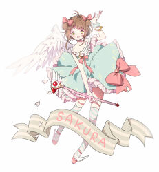 Rule 34 | 1girl, :d, arm up, blush, bow, bracelet, brown hair, cardcaptor sakura, character name, choker, dress, falling petals, full body, fuuin no tsue, green eyes, hair bow, jewelry, kinomoto sakura, magical girl, musical note, open mouth, petals, ribbon, short hair, simple background, smile, solo, striped clothes, striped thighhighs, teeth, thighhighs, two side up, upper teeth only, wand, white background, wings, yuzhi