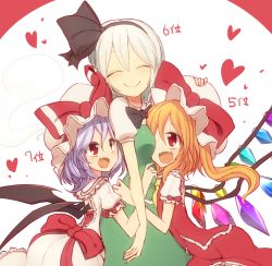Rule 34 | 3girls, :d, ^ ^, bat wings, blonde hair, bow, closed eyes, commentary, dress, closed eyes, fang, flandre scarlet, girl sandwich, green dress, hair ribbon, hat, hat bow, heart, hug, konpaku youmu, kuresento, light purple hair, mob cap, multiple girls, open mouth, puffy short sleeves, puffy sleeves, red dress, red eyes, remilia scarlet, ribbon, sandwiched, short sleeves, siblings, side ponytail, sisters, smile, touhou, white dress, wings