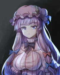 Rule 34 | 1girl, bat wings, bow, crescent, crescent hat ornament, dress, hair bow, hat, hat ornament, long hair, looking at viewer, mob cap, namiki (remiter00), open mouth, patchouli knowledge, purple eyes, purple hair, ribbon, smile, solo, striped clothes, striped dress, touhou, vertical-striped clothes, vertical-striped dress, wings