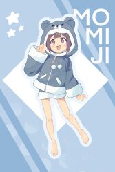 Rule 34 | 1girl, :d, animal hood, bare legs, barefoot, bear hood, blunt bangs, brown eyes, brown hair, character name, commentary, drawstring, full body, gustavo schuler, hand up, highres, hood, hood up, hozuki momiji, light blush, looking at viewer, official alternate costume, onii-chan wa oshimai!, open mouth, outline, shorts, simple background, smile, solo, star (symbol), v-shaped eyebrows