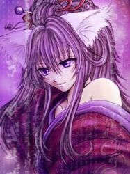 Rule 34 | animal ears, bare shoulders, japanese clothes, kimono, lowres, purple eyes, purple hair, tagme