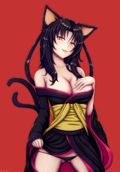 Rule 34 | 10s, 1girl, :3, :p, animal ears, artist name, bare shoulders, black hair, black panties, blush, breasts, cat ears, cat tail, cleavage, hair rings, hairband, high school dxd, highres, japanese clothes, kimono, kuroka (high school dxd), large breasts, long hair, multiple tails, naughty face, off shoulder, panties, red background, seductive smile, slit pupils, smile, solo, standing, tail, tongue, tongue out, underwear, wlper, yellow eyes