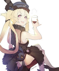 Rule 34 | 1girl, alcohol, arm support, armpit peek, arms up, bad id, bad pixiv id, bare arms, bare shoulders, black dress, black footwear, black hat, black scarf, black wristband, blonde hair, blush, braid, breasts, chinese text, crossed legs, cup, dress, drinking glass, from behind, from side, garter straps, girls&#039; frontline, glass, hair tie, hat, holding, holding cup, holding drinking glass, long hair, looking at viewer, looking back, mania (fd6060 60), official alternate costume, open mouth, panties, panty peek, pinky out, purple eyes, scarf, see-through, shoes, signature, simple background, sitting, skirt, small breasts, smile, solo, spotted scarf, sr-3mp (bunny macchiato) (girls&#039; frontline), sr-3mp (girls&#039; frontline), stuffed animal, stuffed rabbit, stuffed toy, thick eyebrows, thighs, tongue, tongue out, twin braids, twintails, underwear, very long hair, white background, white legwear, white panties, wine glass, wristband
