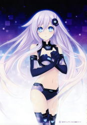 Rule 34 | 1girl, absurdres, bare shoulders, blue eyes, blush, breasts, bustier, choujigen game neptune mk2, cleavage, cleavage cutout, clothing cutout, cowboy shot, elbow gloves, emblem, gloves, hair ornament, highres, interlocked fingers, long hair, looking at viewer, medium breasts, midriff, navel, nepgear, neptune (series), official art, own hands clasped, own hands together, parted lips, power symbol, power symbol-shaped pupils, purple hair, purple sister, solo, symbol-shaped pupils, thighhighs, tsunako