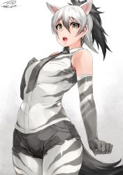 Rule 34 | 10s, 1girl, :o, aardwolf (kemono friends), animal ears, arm at side, bare shoulders, black hair, black necktie, black shorts, breast pocket, clenched hands, collared shirt, cowboy shot, dated, elbow gloves, extra ears, gloves, grey eyes, grey hair, hair between eyes, hand on own chest, hand up, happa (cloverppd), high ponytail, kemono friends, lips, long hair, looking at viewer, multicolored hair, necktie, open mouth, outstretched arm, pantyhose, pocket, ponytail, print gloves, print pantyhose, print shirt, shiny clothes, shirt, short shorts, shorts, signature, sleeveless, sleeveless shirt, solo, standing, tail, upper body