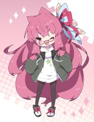 Rule 34 | 1girl, ;d, black footwear, black jacket, black pantyhose, blush, boots, bow, chibi, commentary request, drawstring, fang, glasses, hair ribbon, hands in pockets, head tilt, highres, hood, hood down, hoodie, jacket, kotonoha akane, long hair, long sleeves, milkpanda, one eye closed, open clothes, open jacket, open mouth, pantyhose, pink eyes, pink hair, puffy long sleeves, puffy sleeves, red-framed eyewear, red bow, red ribbon, ribbon, sidelocks, smile, solo, sparkle, star (symbol), v-shaped eyebrows, very long hair, voiceroid, white hoodie
