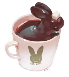 Rule 34 | :3, animal focus, bad id, bad pixiv id, rabbit, coffee, commentary request, cup, from side, highres, in container, in cup, manino (mofuritaionaka), no humans, original, signature, simple background, slime (substance), white background