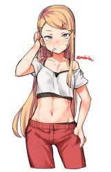 Rule 34 | 1girl, bare shoulders, blonde hair, blush, character request, cigarette, collarbone, copyright request, cowboy shot, crop top, hair ornament, tucking hair, hand in pocket, highres, jingai modoki, long hair, midriff, navel, pants, red pants, revealing clothes, simple background, smoking, solo, twitter username, white background