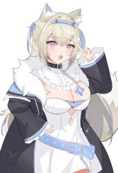 Rule 34 | 1girl, animal ear fluff, animal ears, bandaid, bandaid hair ornament, belt, belt collar, black collar, black jacket, blonde hair, blue belt, blue hair, blue nails, breasts, cleavage, collar, dog ears, dog girl, dog tail, dress, fur-trimmed jacket, fur trim, fuwawa abyssgard, fuwawa abyssgard (1st costume), hair ornament, hairpin, highres, hololive, hololive english, jacket, large breasts, long hair, looking at viewer, multicolored hair, nail polish, pink eyes, sasaki ikuya, sidelocks, smile, solo, spiked collar, spikes, streaked hair, tail, two side up, v over eye, virtual youtuber, white background, white dress