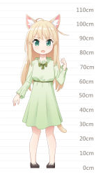 Rule 34 | 1girl, :o, absurdres, animal ears, blonde hair, bow, bowtie, brown footwear, cat ears, cat tail, child, dot nose, dress, green bow, green bowtie, green dress, green eyes, hand up, height chart, highres, long hair, looking at viewer, mao lian (nekokao), open mouth, orange bow, original, pigeon-toed, puffy short sleeves, puffy sleeves, shoes, short sleeves, solo, tail