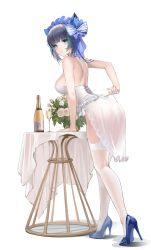 Rule 34 | 1girl, absurdres, azur lane, black hair, blue footwear, bottle, breasts, cheshire (azur lane), chinese commentary, commentary request, cup, drinking glass, flower, full body, garter belt, green eyes, green hair, high heels, highres, janload1ng, large breasts, leotard, looking at viewer, multicolored hair, plant, potted plant, pumps, rose, shoes, short hair, simple background, skirt, solo, standing, stiletto heels, streaked hair, table, thighhighs, white background, white flower, white leotard, white rose, white skirt, white thighhighs