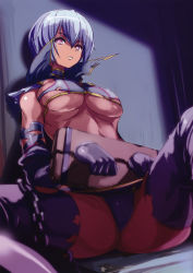 Rule 34 | 00s, 1girl, absurdres, against wall, akaga hirotaka, ass, bdsm, blue hair, bondage, bound, breasts, crop top, cuffs, dark-skinned female, dark skin, elbow gloves, fang assassin irma, gloves, highres, irma (queen&#039;s blade), irma (queen's blade), large breasts, lipstick, makeup, midriff, pink eyes, prisoner, purple thighhighs, queen&#039;s blade, red eyes, revealing clothes, short hair, sitting, solo, spread legs, stocks, thighhighs, torn clothes, turtleneck, underboob