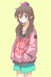 Rule 34 | 1girl, alternate costume, brown eyes, brown hair, contemporary, hands in pockets, hat, himekaidou hatate, long hair, long sleeves, low twintails, naegi (naegidokoro), pointy ears, scrunchie, shirt, shorts, solo, tokin hat, touhou, twintails