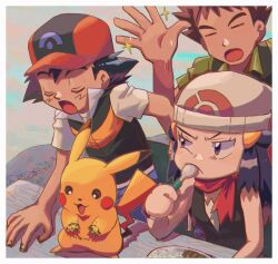 Rule 34 | 1girl, 2boys, ash ketchum, black hair, blue hair, brock (pokemon), brown hair, clean, closed eyes, commentary request, creatures (company), curry, curry rice, dawn (pokemon), eating, food, food on hand, game freak, gen 1 pokemon, getting up, hat, looking at another, multiple boys, multiple girls, nintendo, pikachu, pokemon, pokemon (anime), pokemon (creature), pokemon dppt (anime), rice, short hair, sitting, sparkle, table, umebosibakari2, utensil in mouth, whiskers