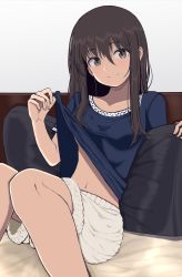 Rule 34 | 1girl, black hair, blue shirt, blush, breasts, closed mouth, clothes lift, collarbone, commentary request, fur-trimmed shorts, fur trim, grey background, grey eyes, hair between eyes, hand up, hinomaru (futagun), knees up, lifting own clothes, long hair, navel, original, pillow, shirt, shirt lift, short sleeves, shorts, sitting, small breasts, smile, solo, white shorts