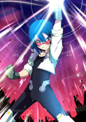 Rule 34 | 1boy, a.c. eos (mega man), arm up, bad id, bad pixiv id, blue hair, clenched hand, cowboy shot, dated, gloves, glowing, grey eyes, grey gloves, hair between eyes, jacket, light rays, male focus, mega man (series), mega man star force, mega man star force 3, miyata (lhr), smile, solo, sunglasses