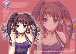 Rule 34 | 1girl, bracelet, breasts, cleavage, earrings, game console, gamecube-tan, cube hair ornament, hair ornament, hair ribbon, jewelry, medium breasts, murasaki-hoshi, nintendo, os-tan, personification, purple eyes, ribbon, solo, wallpaper, zoom layer