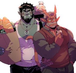 Rule 34 | 2boys, algernon (kokukokuboo), bara, beard, bulge, chest hair, colored skin, cowboy shot, demon boy, demon horns, demon tail, dungeons &amp; dragons, facial hair, garza (kokukokuboo), glasses, green skin, grey hair, highres, holding, holding phone, holding too many things, horn ornament, horn ring, horns, huge pectorals, jewelry, kokukokuboo, large pectorals, male focus, mature male, monster boy, multiple boys, muscular, muscular male, mustache, necklace, orc, original, pectoral cleavage, pectorals, phone, pointy ears, red skin, ring, ring necklace, shopping, short hair, sweatdrop, tail, tail under clothes, tank top, thick eyebrows, thick mustache, tusks, undercut, white tank top