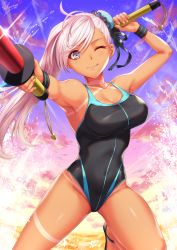Rule 34 | 1girl, ;p, armpits, asymmetrical hair, bare shoulders, black one-piece swimsuit, black ribbon, blue eyes, blue one-piece swimsuit, blush, breasts, bun cover, cleavage, closed mouth, competition swimsuit, covered navel, fate/grand order, fate (series), hair bun, hair ribbon, highleg, highleg swimsuit, highres, large breasts, long hair, looking at viewer, miyamoto musashi (fate), miyamoto musashi (fate/grand order), miyamoto musashi (swimsuit berserker) (fate), miyamoto musashi (swimsuit berserker) (first ascension) (fate), ocean, one-piece swimsuit, one eye closed, pink hair, ribbon, sakiyamama, single hair bun, smile, solo, sunset, swept bangs, swimsuit, tan, tanline, tongue, tongue out, toy sword, two-tone swimsuit, wristband