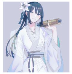 Rule 34 | 1girl, black hair, chinese clothes, closed mouth, earrings, fate/grand order, fate (series), flower, flower earrings, green nails, grey background, grey eyes, hair flower, hair ornament, hanfu, holding, holding scroll, jewelry, jing ke (fate), katagiri (mighty swing), long hair, looking at viewer, nail polish, ponytail, scroll, side ponytail, simple background, smile, solo, white flower, wide sleeves