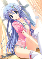 Rule 34 | 1girl, ayakaze ryuushou, blouse, blue eyes, blue hair, braid, breasts, cleavage, curtain grab, curtains, dutch angle, flower, frilled thighhighs, frills, hair between eyes, hair flower, hair ornament, hair ribbon, hairclip, highres, indoors, long hair, looking at viewer, matching hair/eyes, medium breasts, navel, no bra, open clothes, open shirt, original, panties, ribbon, shirt, short sleeves, side-tie panties, sitting, smile, solo, striped clothes, striped panties, thighhighs, twin braids, underwear, very long hair, white thighhighs, window, wrist cuffs