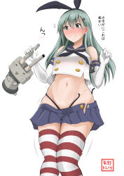 Rule 34 | 1girl, artist name, bare shoulders, black neckerchief, black panties, blue skirt, blush, cosplay, crop top, elbow gloves, gloves, green eyes, green hair, hair ornament, hairclip, highleg, highleg panties, highres, kantai collection, long hair, miniskirt, neckerchief, panties, pleated skirt, rensouhou-chan, sailor collar, shimakaze (kancolle), shimakaze (kancolle) (cosplay), skirt, sleeveless, solo, striped clothes, striped thighhighs, surprised, suzuya (kancolle), thighhighs, translated, unbuttoned, undersized clothes, underwear, wardrobe malfunction, white background, white gloves, yano toshinori