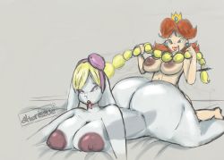 Rule 34 | 2girls, alterissue, ass, blonde hair, brown hair, colored skin, completely nude, ear piercing, furry, furry female, furry with non-furry, futa with female, futanari, hariet (mario), headband, huge ass, interspecies, large penis, long hair, lying, mario (series), multiple girls, nintendo, nude, open mouth, penis, piercing, ponytail, princess daisy, sex, sex from behind, super mario land, super mario odyssey, tongue, tongue out, white skin
