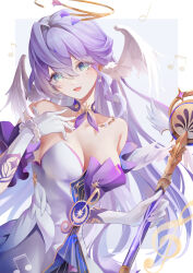 Rule 34 | 1girl, absurdres, aqua eyes, bare shoulders, bead bracelet, beads, bracelet, breasts, cleavage, commentary, detached sleeves, dress, earrings, gloves, hair between eyes, halo, hand on own chest, head wings, highres, holding, holding staff, honkai: star rail, honkai (series), jewelry, kns hanazuna, looking at viewer, musical note, open mouth, purple dress, purple hair, robin (honkai: star rail), short sleeves, smile, solo, staff, standing, strapless, strapless dress, two-tone dress, white dress, white gloves, white wings, wings