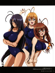 Rule 34 | 00s, 3girls, absurdres, blonde hair, blush, breasts, brown hair, female focus, glasses, highres, ikkitousen, kan&#039;u unchou, large breasts, long hair, multiple girls, official art, one-piece swimsuit, open mouth, purple hair, ryuubi gentoku, shiny clothes, skin tight, smile, sonsaku hakufu, standing, swimsuit, taut clothes
