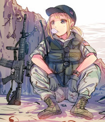 Rule 34 | 1girl, american flag, assault rifle, blue eyes, blush, boots, blowing bubbles, camouflage, chewing gum, combat boots, daito, desert camouflage, gun, hat, load bearing vest, m4 carbine, military, military uniform, original, radio, rifle, short hair, sitting, solo, uniform, watch, weapon, wristwatch