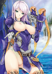 Rule 34 | 1girl, alternate color, armor, belt, breasts, breasts out, capcom, clothes lift, cloud, cover, day, fantasy, feathers, gauntlets, green eyes, hair intakes, hat, helmet, hermitaur (armor), kizuki aruchu, large breasts, light purple hair, light rays, long hair, looking at viewer, monster hunter (series), naughty face, nipples, no bra, nude, open clothes, outdoors, panties, parted bangs, public indecency, puffy nipples, see-through, skirt, skirt lift, sky, smile, solo, standing, steam, strap, sunbeam, sunlight, swept bangs, thighhighs, underwear, wading, water, waterfall, wet, wet clothes, wet panties, white hair, white panties, yellow panties, zettai ryouiki