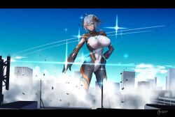 Rule 34 | 1girl, absurdres, aircraft, airplane, blue hair, blue sky, bodysuit, breasts, city, cityscape, colossus (natsukaze shigure), covered erect nipples, destruction, fighter jet, giant, giantess, green eyes, hair ornament, headgear, highres, huge breasts, jet, large breasts, looking at viewer, military vehicle, natsukaze shigure, navel, open mouth, original, outdoors, short hair, signature, skin tight, sky, smoke, solo, sparkle, standing, tokusatsu, triangle mouth