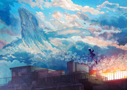 Rule 34 | 1other, ambiguous gender, building, cloud, commentary request, dawn, flying whale, jellyfish, long sleeves, medium hair, original, outdoors, rooftop, running, scenery, shoes, signature, sky, solo, sunlight, tami yagi, whale, wide shot