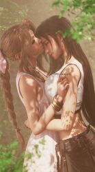 Rule 34 | 2girls, 3d, absurdres, aerith gainsborough, bare shoulders, black hair, black skirt, blurry, blurry background, blurry foreground, bracelet, braid, braided ponytail, breast press, breasts, brown hair, closed eyes, couple, crop top, dress, earrings, final fantasy, final fantasy vii, final fantasy vii remake, from side, hair ribbon, highres, jewelry, kiss, kissing forehead, large breasts, long hair, multiple girls, parted bangs, pink dress, pink ribbon, ria-neearts, ribbon, sidelocks, single earring, skirt, sleeveless, sleeveless dress, small breasts, square enix, tank top, teardrop earring, tifa lockhart, white tank top, yuri