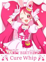 Rule 34 | 1girl, animal ears, cake, cake hair ornament, character name, choker, cure whip, dated, dress, earrings, extra ears, food, food-themed hair ornament, fruit brooch, gloves, hair ornament, happy birthday, jewelry, kirakira precure a la mode, long hair, looking at viewer, magical girl, open mouth, pink background, pink choker, pink corset, pink dress, pink eyes, pink hair, pom pom (clothes), pom pom earrings, precure, puffy short sleeves, puffy sleeves, rabbit ears, short sleeves, smile, solo, strawberry brooch, strawberry shortcake, tanshi tanshi, twintails, twitter username, upper body, usami ichika, white gloves
