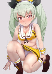Rule 34 | 10s, 1girl, anchovy (girls und panzer), bad id, bad pixiv id, blush, breasts, cleavage, coco&#039;s, collarbone, drill hair, girls und panzer, green hair, hair ornament, hair ribbon, highres, long hair, looking at viewer, medium breasts, midriff, open mouth, panties, red eyes, ribbon, sikijou77o, skirt, solo, thighs, twintails, underwear, upskirt, white panties